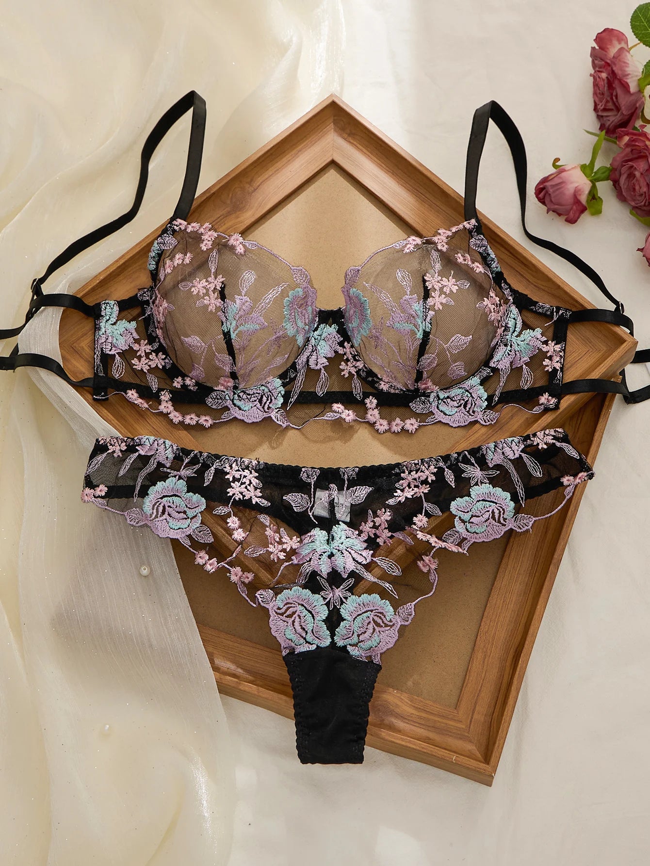 Pastel Pink Embroidered Bra And Panties Set With Steel Ring