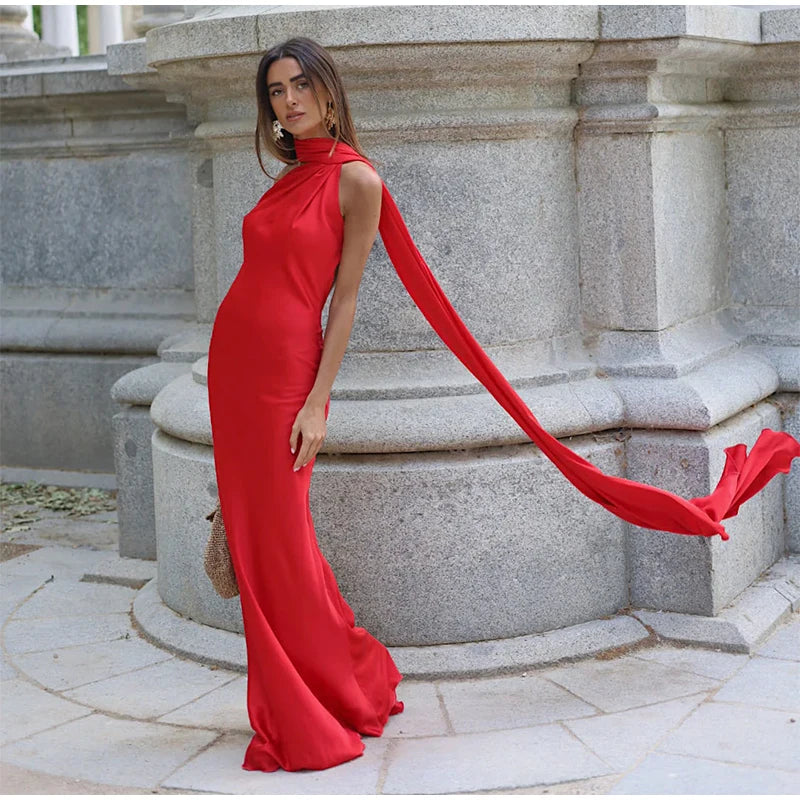 Sexy Satin Ribbon Backless Halter Dress For Elegant Evening Gown