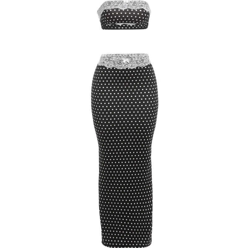 Black Lace Patchwork Two Piece Set With Backless Tube Top And Polka Dot Skirt