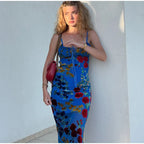 Retro Floral Lace Up Backless Maxi Dress