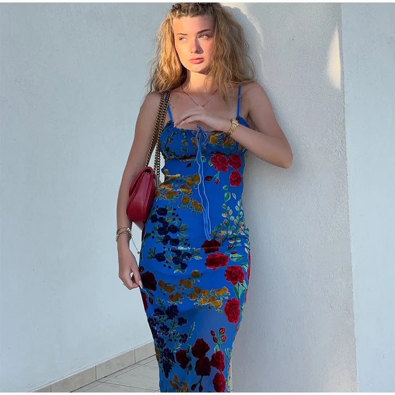 Retro Floral Lace Up Backless Maxi Dress
