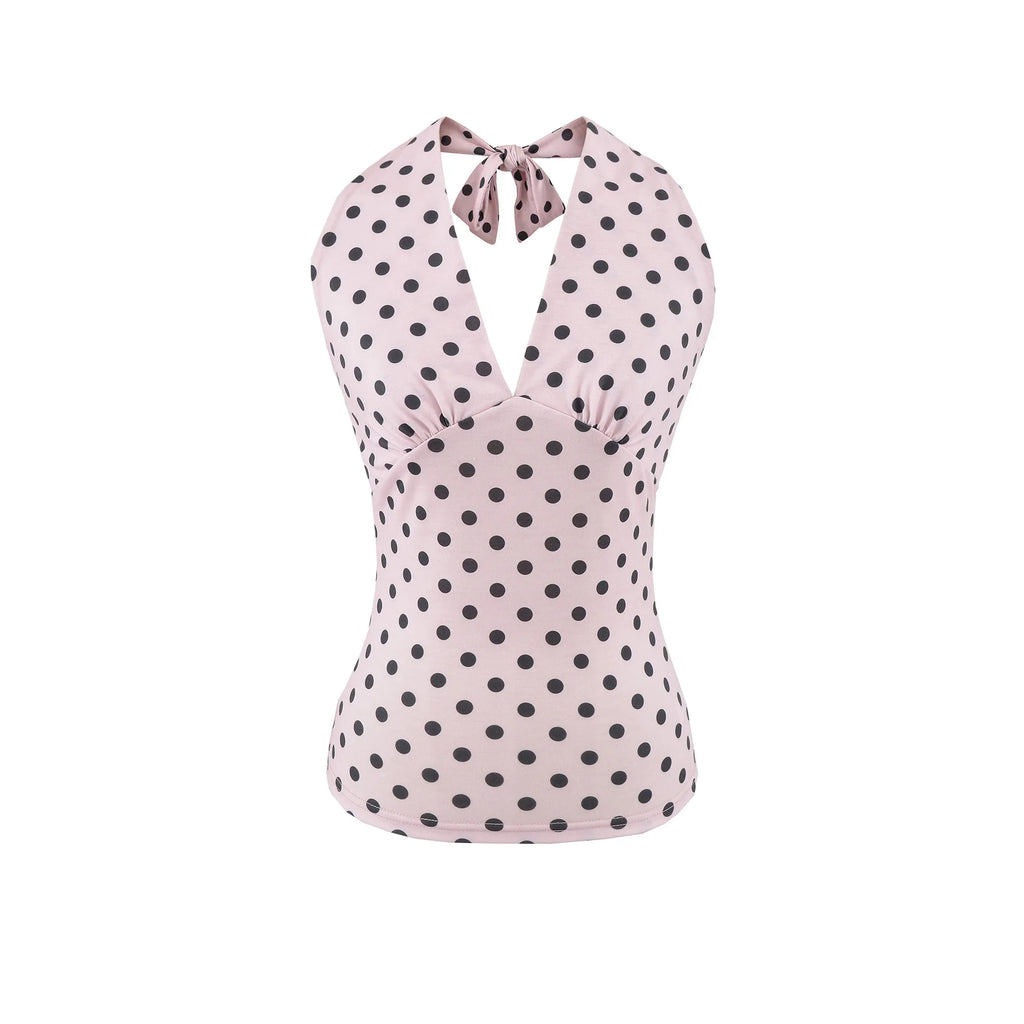 Hot Girl Spicy Two-Piece  Retro Polka Dot Necktie Top Satin High Waist Short Skirt Set