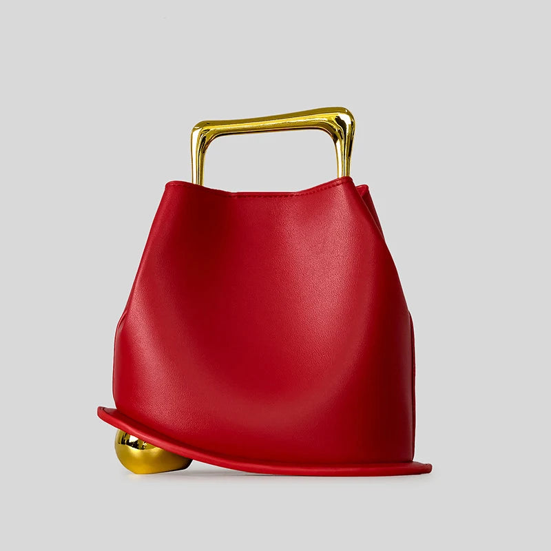 Gold Metallic Irregular Bucket Bag With Ball Base Leather Tote