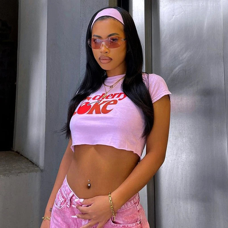 Kawaii Cherry Print Cropped Tee With Vintage Graphic Style Short Sleeve Top