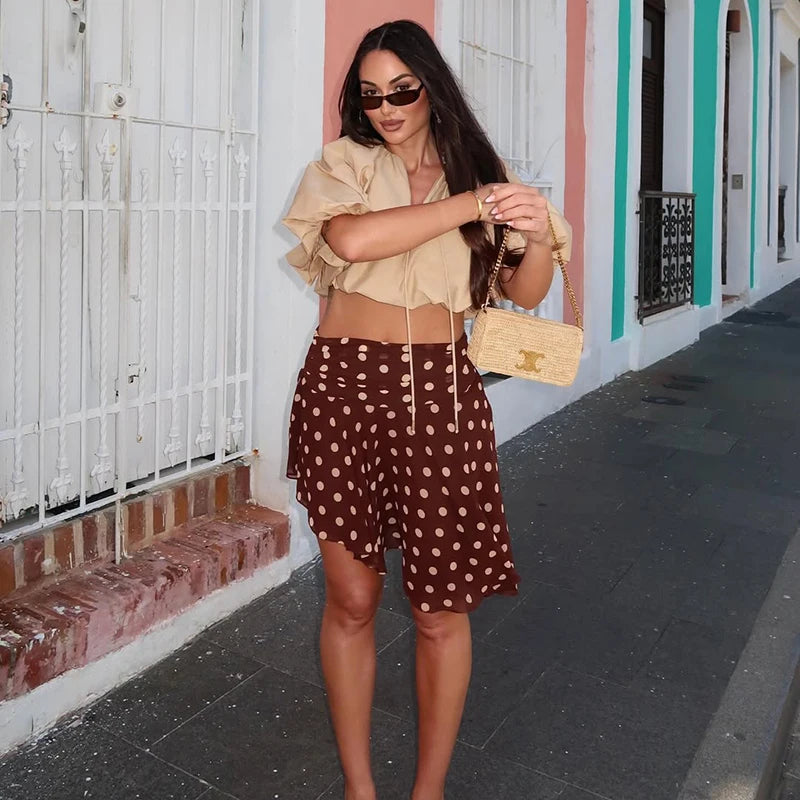 Polka Dot Mini Skirt With High Waist And Asymmetric Folded Hem Style