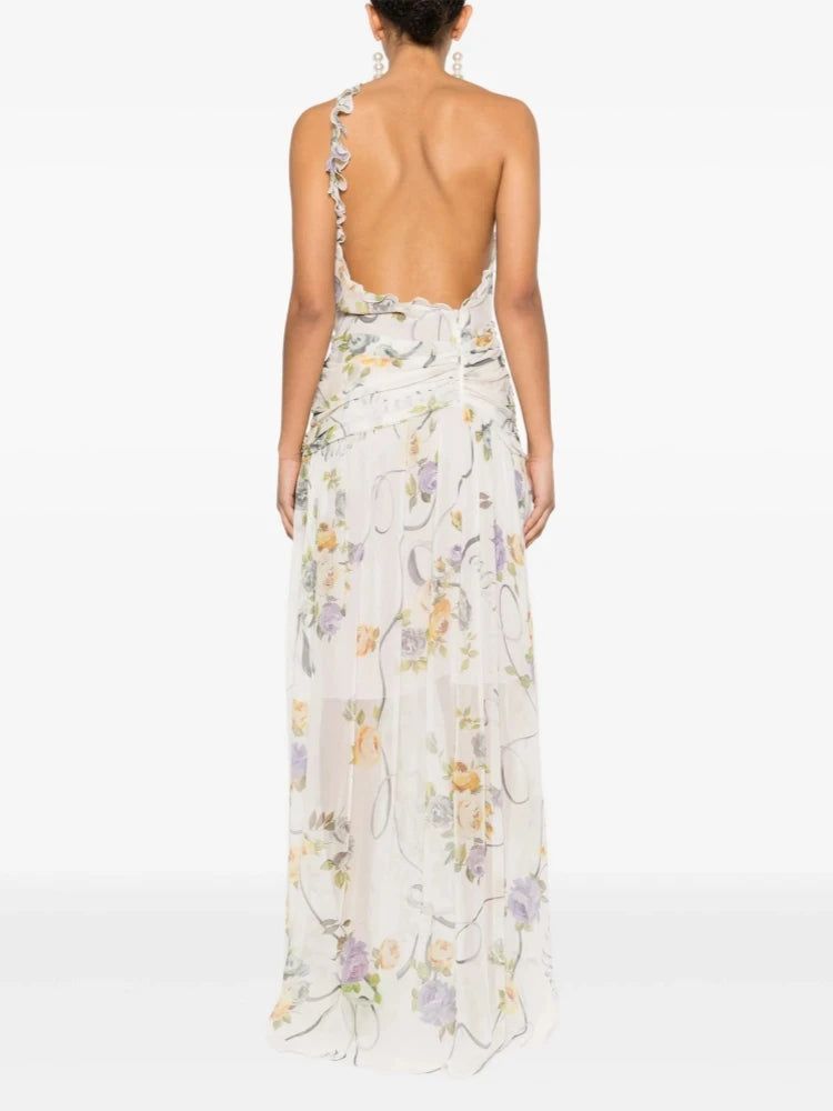 Flirty Floral Printed Off Shoulder Maxi Dress With Backless Detail And Ruffles