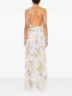 Flirty Floral Printed Off Shoulder Maxi Dress With Backless Detail And Ruffles