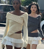 Knit Color Block Mini Skirt High Waisted Pleated