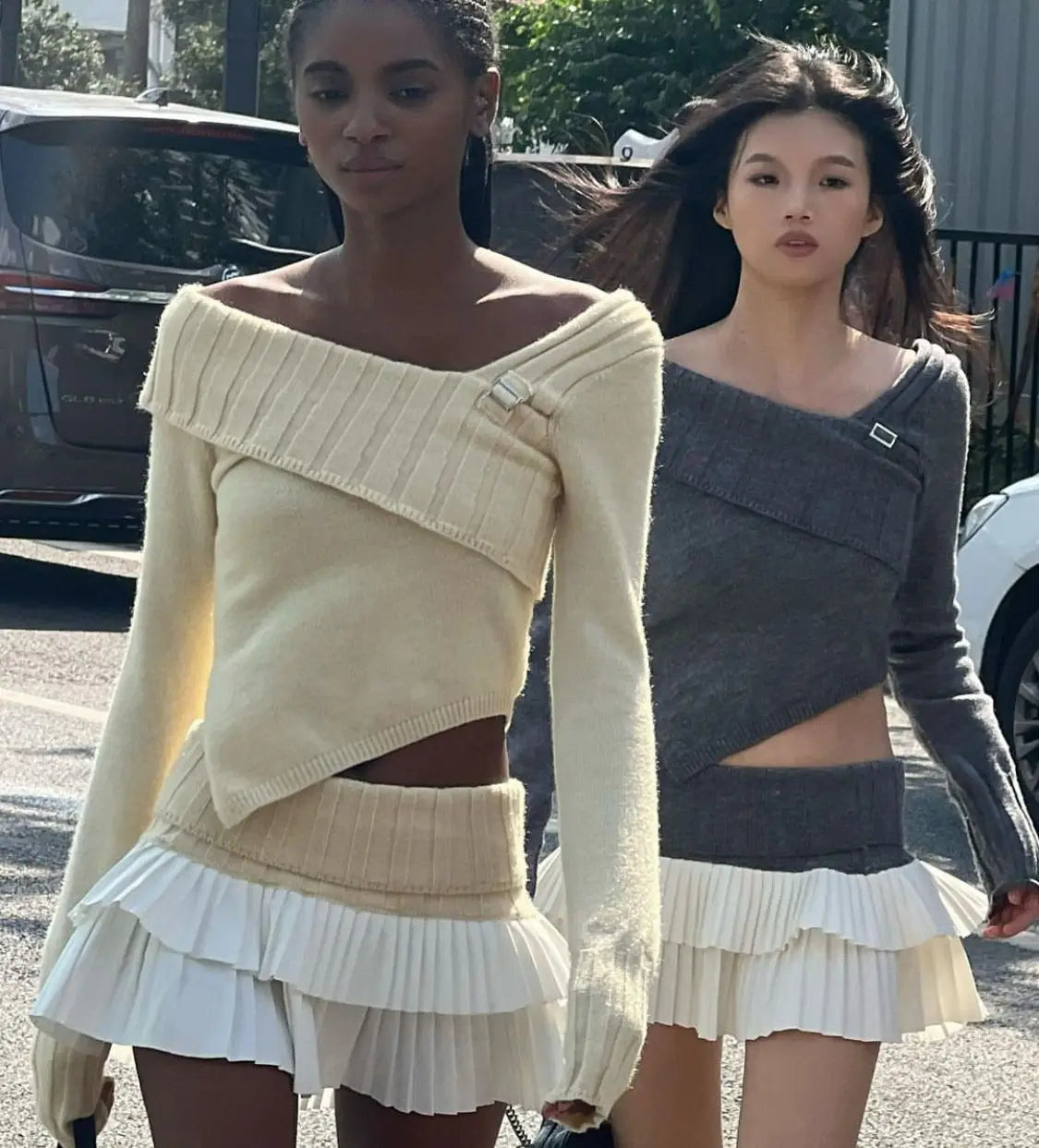 Knit Color Block Mini Skirt High Waisted Pleated