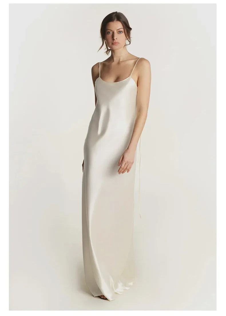 French Real Silk Elegant Women Spaghetti Strap Solid Nightgown