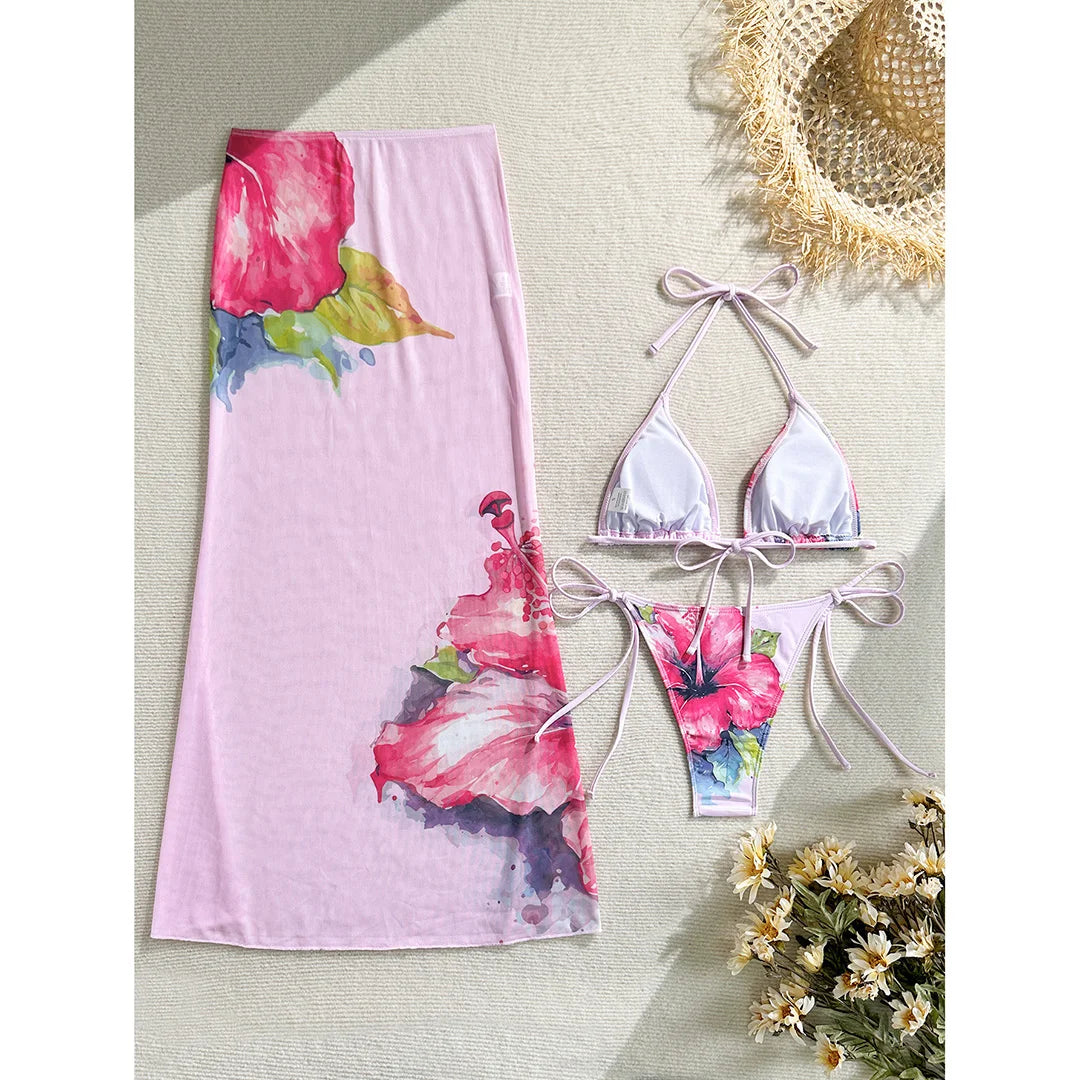 Flowers Printed With Skirt Halter Bikini Three-pieces Bikini set