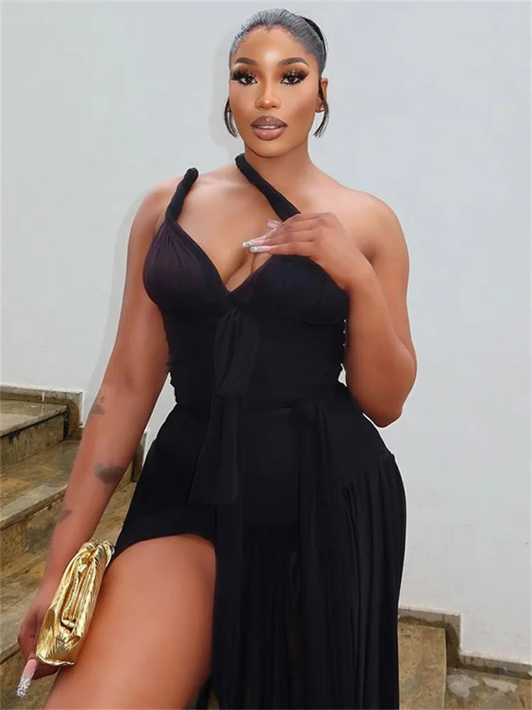 Backless Sleeveless Maxi Dress With High Slits Irregular Skew Collar