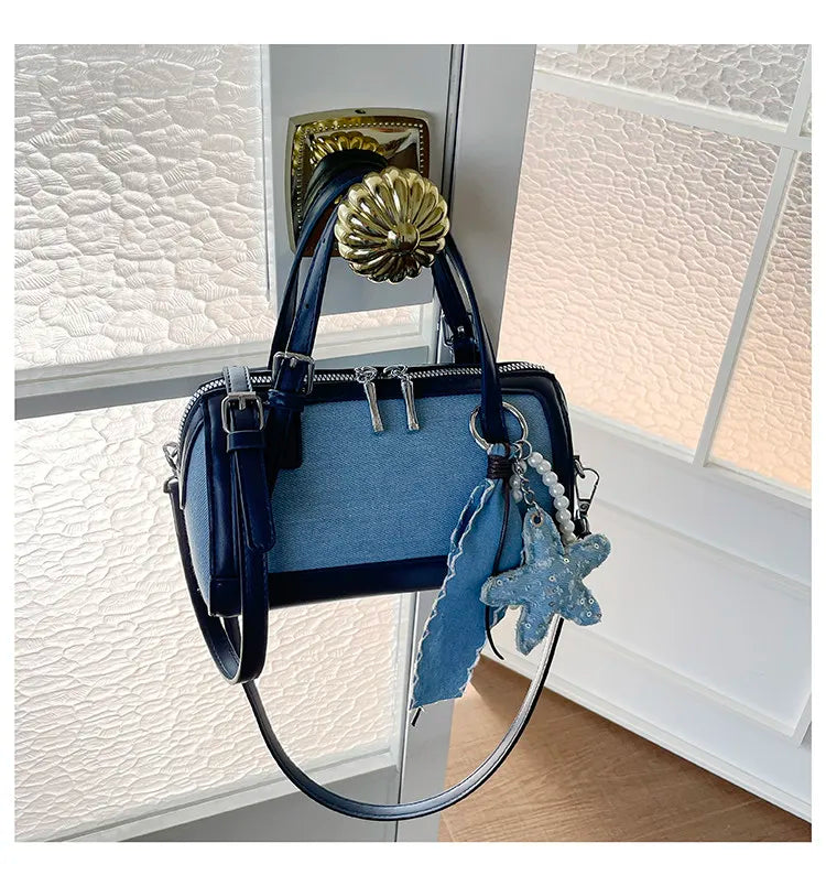 Denim Crossbody Bag With Embroidered Ruched Detailing And Subtle Rivet Accents