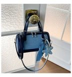 Denim Crossbody Bag With Embroidered Ruched Detailing And Subtle Rivet Accents