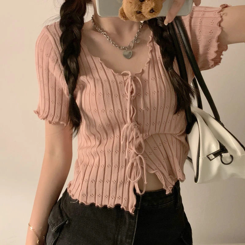 Soft Knit V Neck Cropped Ribbed Short Sleeve Tee