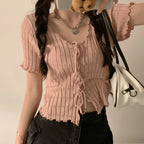Soft Knit V Neck Cropped Ribbed Short Sleeve Tee