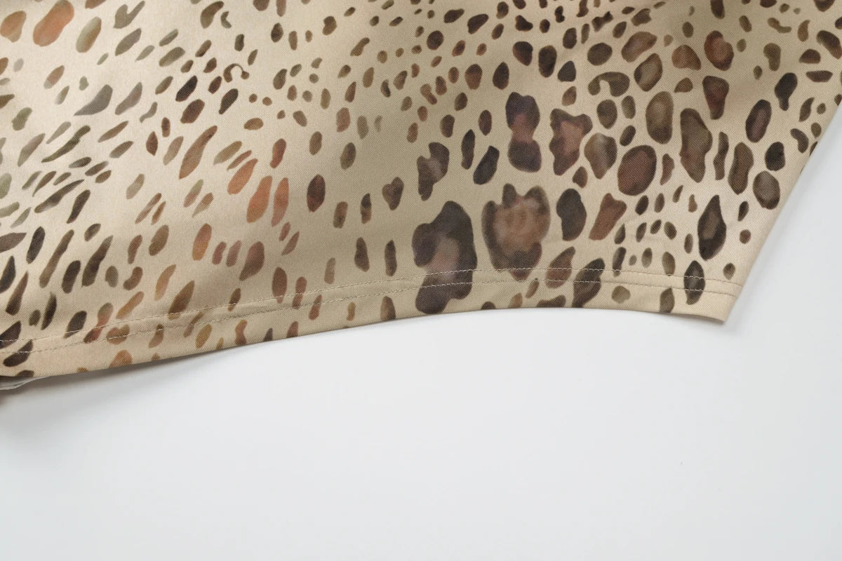 Leopard Print Turtleneck Sleeveless Backless Maxi Dress With Cutout Slit