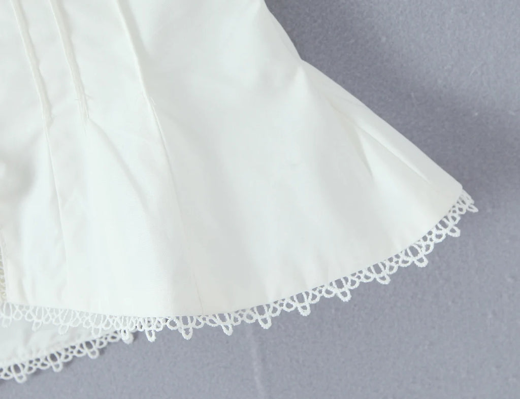 Sexy White Bow Halter V neck Open Buttons Slim Tank Top Women Spliced Ruffles Lace Hem Sleeveless Backless