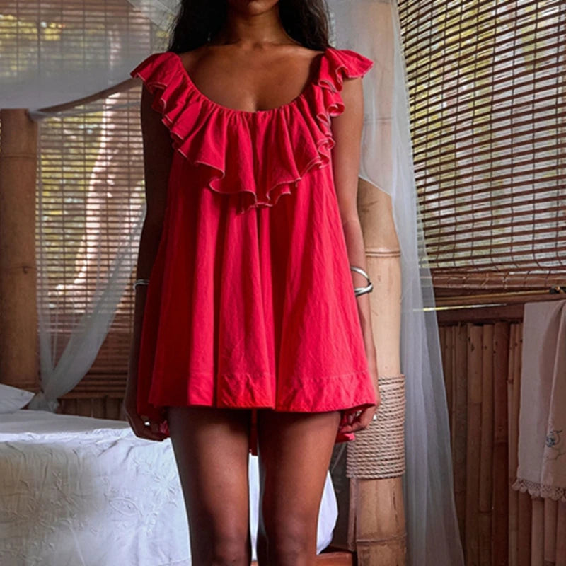 Fairy Layered Ruffle Trim V Neck Sleeveless Open Back Loose A-line Mini Babydoll Dress with Belt