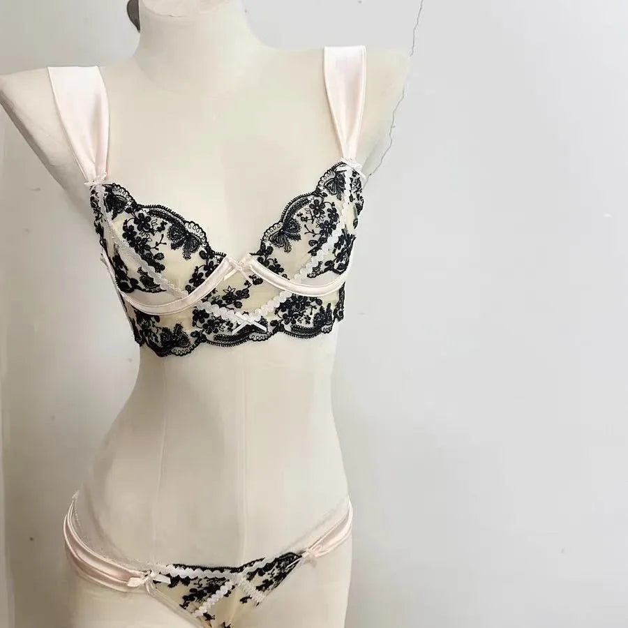 Sexy Lace Push Up Bra And Panty Set Featuring Semi Sheer Floral Design With Ring Embellishment