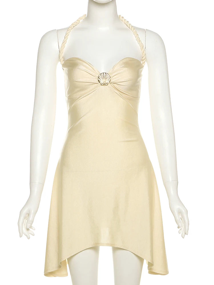 Metallic Satin Halter Mini Dress With Backless Ruched Silhouette