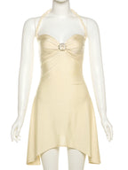 Metallic Satin Halter Mini Dress With Backless Ruched Silhouette