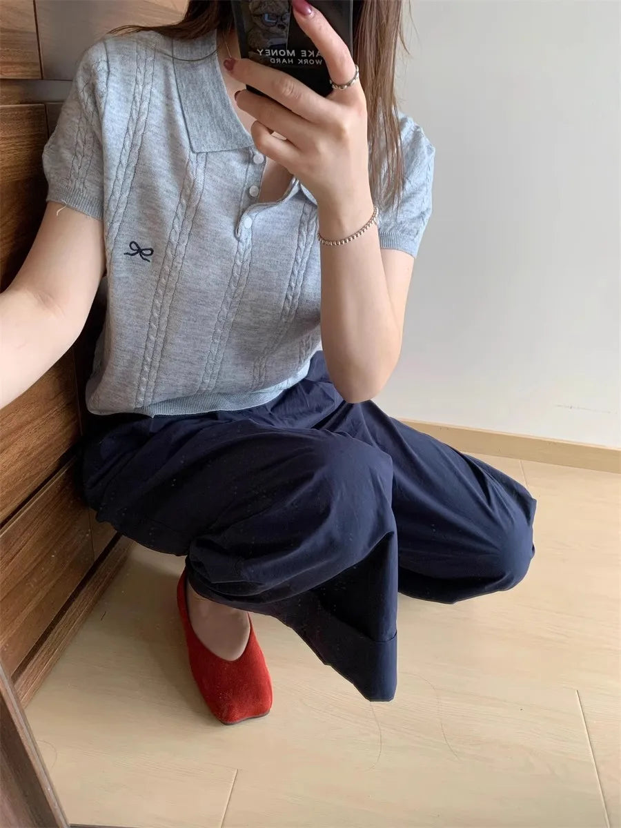 Sweet Bow Embroidered Knitted Polo Shirt For Women Short Sleeve