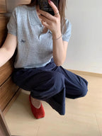 Sweet Bow Embroidered Knitted Polo Shirt For Women Short Sleeve