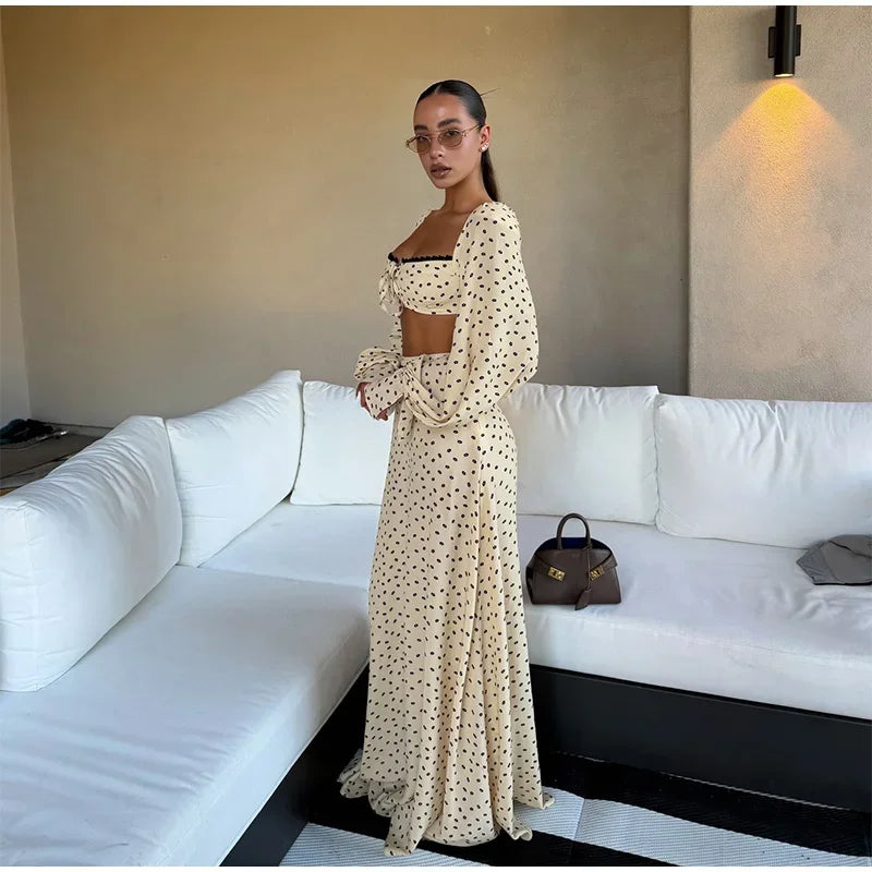 Polka Dot Square Collar Crop Top And High Waist Maxi Skirt Set Outfit