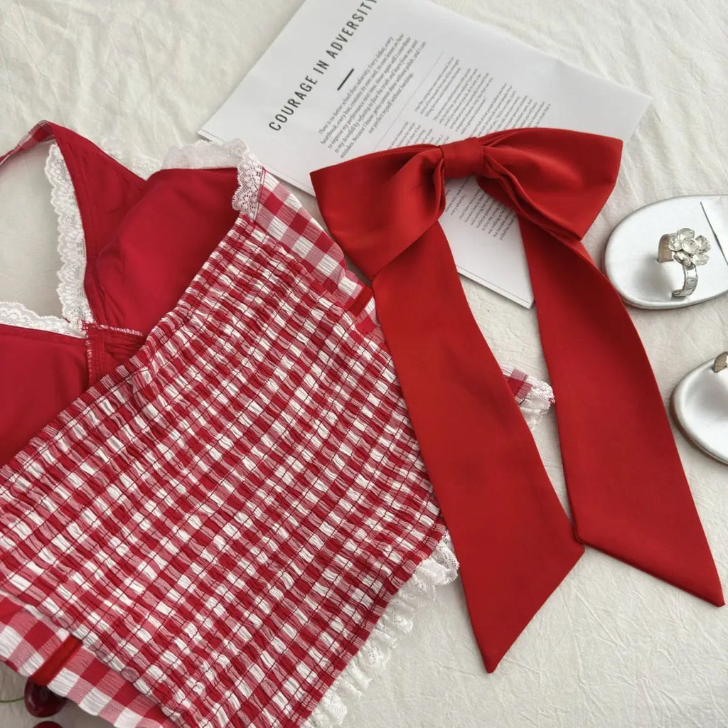 Halter Neck Bow Plaid Crop Top With Shirred Back For Women Cute Fashion Blouse