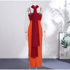 Orange Color Blocking Scarf Collar Maxi Dress For Lady Sleek Cinched Waist Bodycon Silhouette