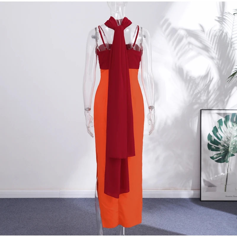 Orange Color Blocking Scarf Collar Maxi Dress For Lady Sleek Cinched Waist Bodycon Silhouette