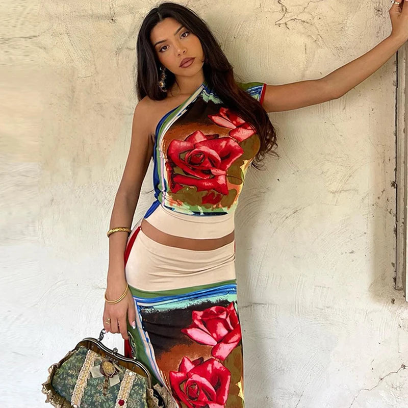 Summer Two Piece Set With Crop Top And Midi Skirt Vacation Outfit Style
