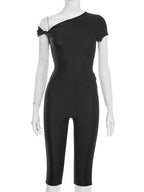 Midnight Knot Crop Top And Capri Set With Diagonal Collar