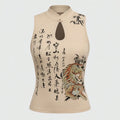 Graphic Blouse With Mandarin Collar Short Sleeve Crop Top Keyhole