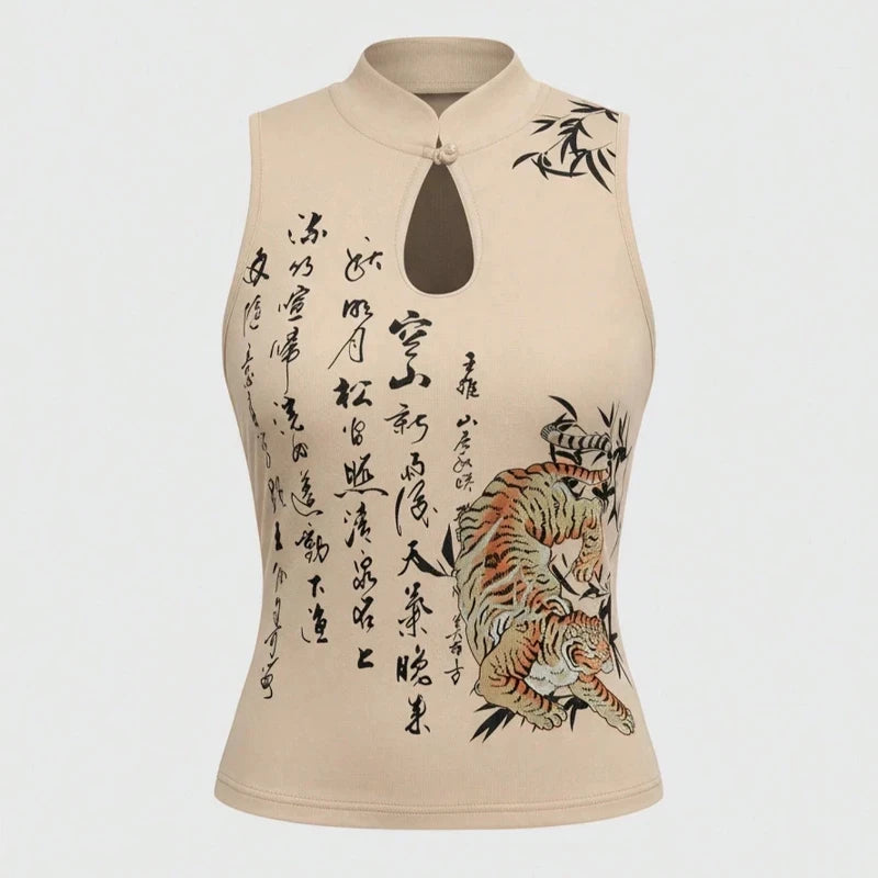 Graphic Blouse With Mandarin Collar Short Sleeve Crop Top Keyhole
