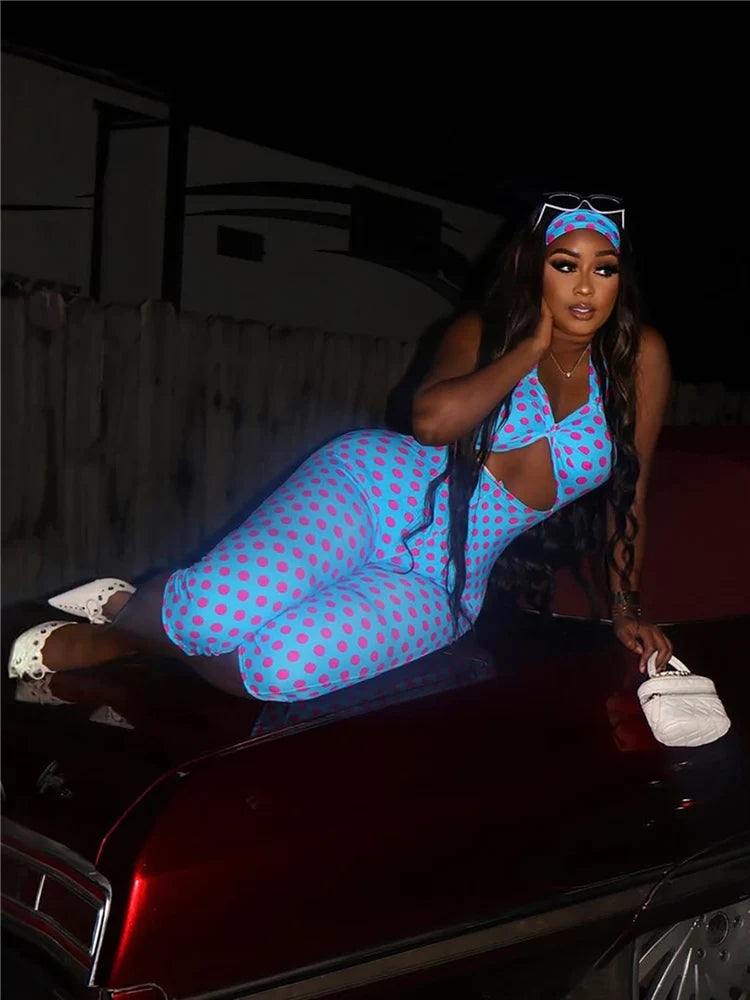 Blue Polka Dot Print Halter Playsuit With Hollow Design For Women High Waist Sleeveless