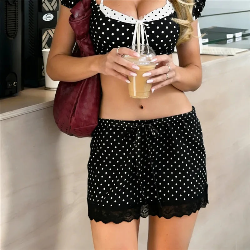 Women's Coquette Polka Dot Mini Skirt Lace Trim Hem Drawstring Waist Short Skirt