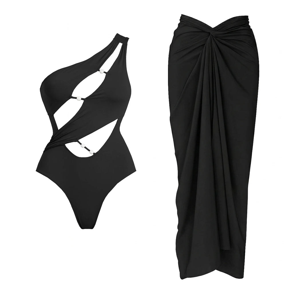 One Shoulder Push Up Two Piece Bikini Set With Bandeau Design