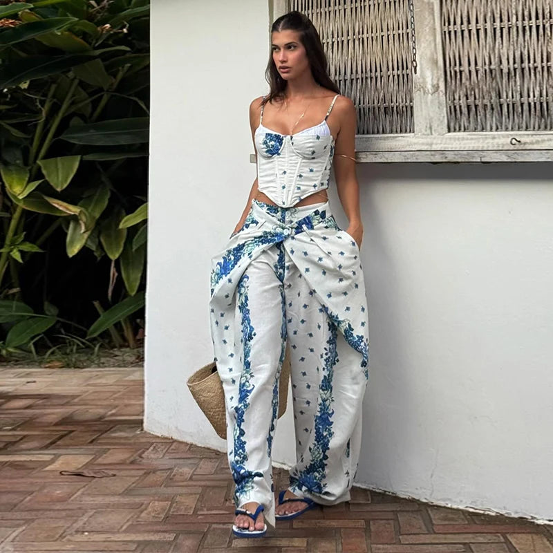 Playful Printed Vest And Trouser Set For Women Two Piece With Sleeveless Slip Top