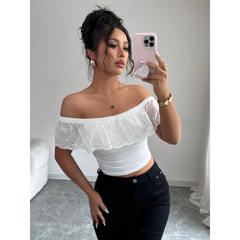 Hollow Jacquard Off Shoulder Top In