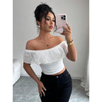 Hollow Jacquard Off Shoulder Top In