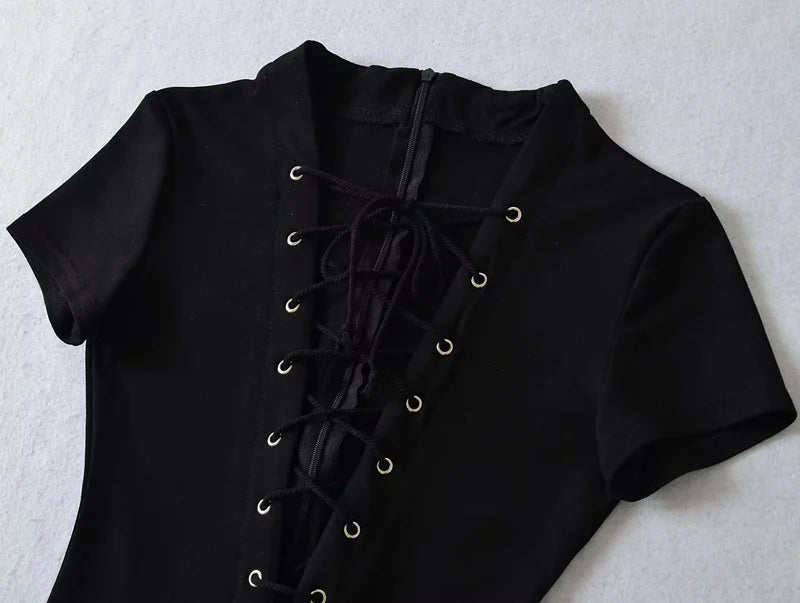Sexy Lace Up Front Short Sleeve Playsuit In Knit Fabric Flirty One Piece Romper