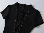 Sexy Lace Up Front Short Sleeve Playsuit In Knit Fabric Flirty One Piece Romper
