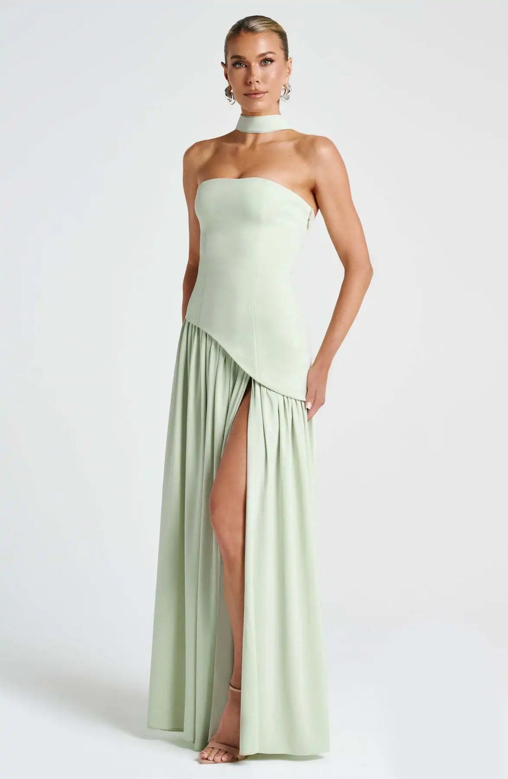 Elegant Off-Shoulder Evening Gown With Patchwork Pleats And Scarf Neck High Split Long Dress