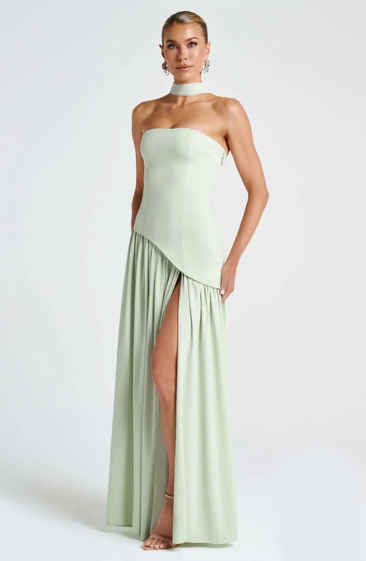 Elegant Off-Shoulder Evening Gown With Patchwork Pleats And Scarf Neck High Split Long Dress