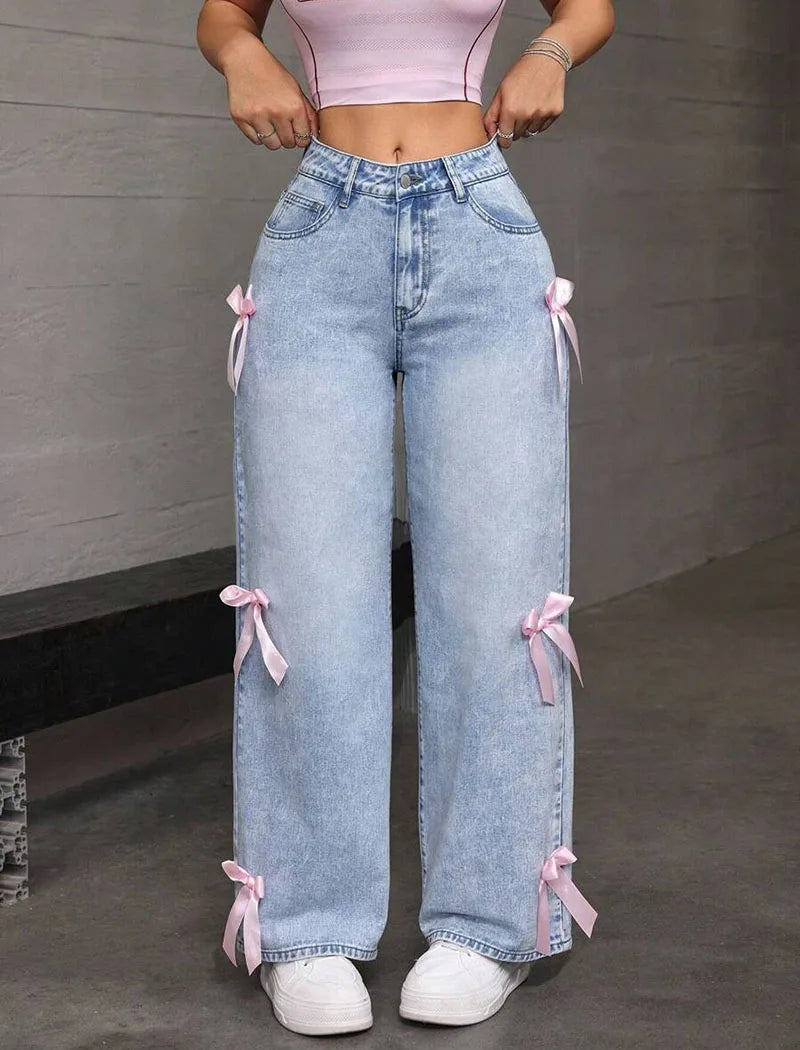 Street Chic Bowknot Denim Jeans With Loose Straight Wide Leg Silhouette In Washed Finish