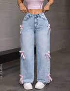 Street Chic Bowknot Denim Jeans With Loose Straight Wide Leg Silhouette In Washed Finish