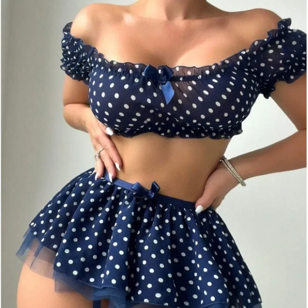 Polka Dots Tutu Lingerie Set Off Shoulder Twopiece with Plunge Bra and Satin Trim