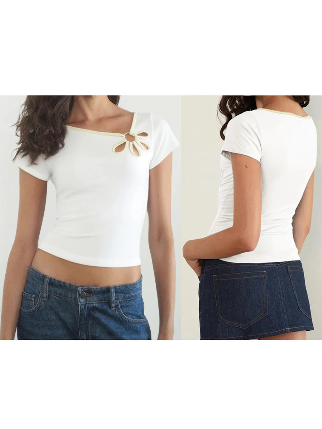 Nostalgic Streetwear Tee With Hollow Flower Cutout Slim Fit Half Sleeve For Women